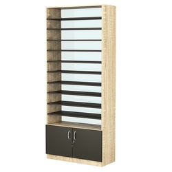 Стеллаж из ДСП с 10-ю полками 350x900 мм серии LEVEL-10 №13-1 (З/C - СТЕКЛО), Дуб Сонома + Черный