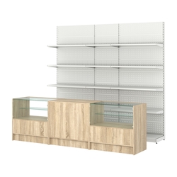 Комплект металлических стеллажей с полками и прилавков ЭК-3, Дуб сонома