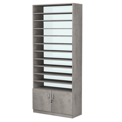 Стеллаж из ДСП с 10-ю полками 350x900 мм серии LEVEL-10 №13-1 (З/C - СТЕКЛО), Бетон Чикаго светло-серый F186 ST9