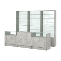 Комплект стеллажей со стеклянными полками U-6 №12-1 и прилавков ЭК-02, Метрополитан Грей