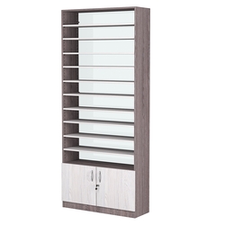 Стеллаж из ДСП с 10-ю полками 300x900 мм серии LEVEL-10 №12-1 (З/C - СТЕКЛО), Ясень Анкор темный + Ясень Анкор светлый