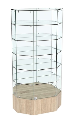 Стеклянная витрина Истра Трапеция с пятью полками и зеркальной стенкой №841, Дуб сонома