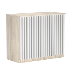 Торговый стол-прилавок широкий с планками серии ВЕРТИКАЛЬ №20, Дуб Сонома + Белый