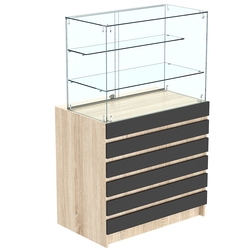 Торговый прилавок с двумя стеклянными полками и фасадными панелями №1Э-02, Дуб Сонома + Черный