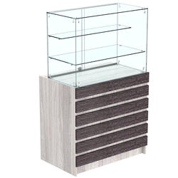 Торговый прилавок с двумя стеклянными полками и фасадными панелями №1Э-02, Ясень Анкор светлый + Ясень Анкор темный