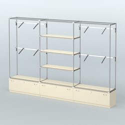 Торговая система ХРОМ без ДСП 3600 мм с тумбами Т11, полками ДСП и поручнями №3, Крем Вайс