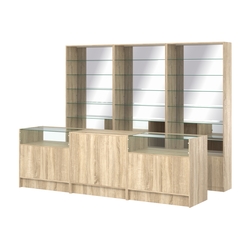 Комплект стеллажей со стеклянными полками U-6 №12-2 и прилавков ЭК-02, Дуб сонома