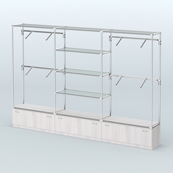 Торговая система ХРОМ без ДСП 3600 мм с тумбами Т11, прозрачными полками и поручнями №3, Ясень Анкор светлый