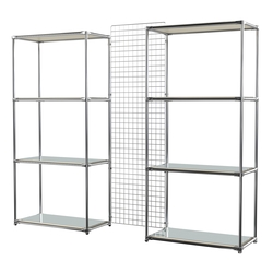 Сетчатый стеллаж СТИЛЬ с зеркальными полками и решеткой №31-4, Крем Вайс