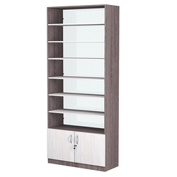 Стеллаж из ДСП с 6-ю полками 350x900 мм серии LEVEL-6 №13-1 (З/C - СТЕКЛО), Ясень Анкор темный + Ясень Анкор светлый