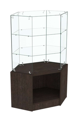 Узкий стеклянный прилавок СЛИМ №117 угловой с двумя полками , Дуб Венге