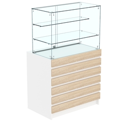 Торговый прилавок с двумя стеклянными полками и фасадными панелями №1Э-02, Белый + Дуб Сонома