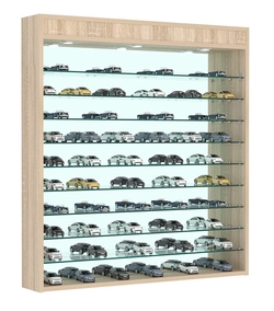 Витрина настенная №4-8Г зеркальная без дверей с фризом и девятью полками, Дуб сонома