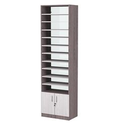 Стеллаж из ДСП с 10-ю полками 350x600 мм серии LEVEL-10 №6-1 (З/C - СТЕКЛО), Ясень Анкор темный + Ясень Анкор светлый