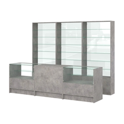 Комплект стеллажей со стеклянными полками U-6 №12-1 и прилавков ЭК-03, Бетон Чикаго светло-серый F186 ST9