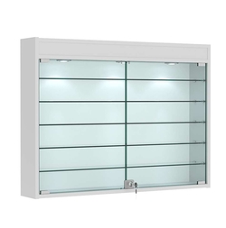 Витрина настенная №3-7А широкая с фризом и пятью стеклянными полками, Серый