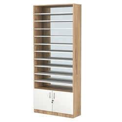 Стеллаж из ДСП с 10-ю полками 300x900 мм серии LEVEL-10 №12-2 (З/C - ЗЕРКАЛО), Дуб Канзас коричневый + Белый