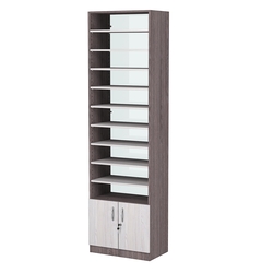 Стеллаж из ДСП с 9-ю полками 350x600 мм серии LEVEL-9 №6-1 (З/C - СТЕКЛО), Ясень Анкор темный + Ясень Анкор светлый