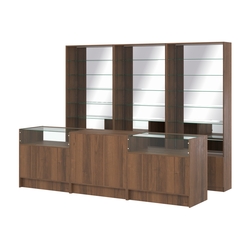 Комплект стеллажей со стеклянными полками U-6 №12-2 и прилавков ЭК-02, Орех