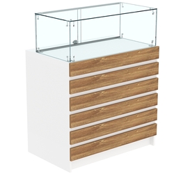 Торговый прилавок с прозрачным колпаком и фасадными панелями №1Э-14, Белый + Дуб Канзас коричневый