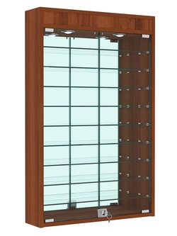 Витрина настенная №2-8А высокая с девятью полками, зеркалом и подсветкой, Орех