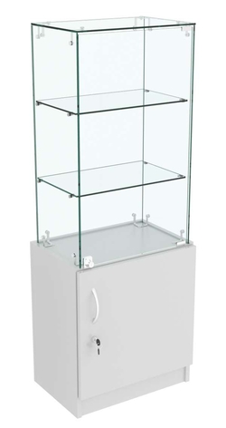 Узкий стеклянный прилавок СЛИМ №2 с двумя небольшими полками, Серый