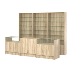 Комплект стеллажей со стеклянными полками U-6 №12 и прилавков ЭК-02, Дуб сонома