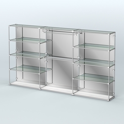 Торговая система ХРОМ (задняя стенка - зеркало) 3600 мм с прозрачными полками и поручнями №1, Ясень Анкор светлый