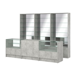 Комплект стеллажей со стеклянными полками U-6 №12-2 и прилавков ЭК-03, Метрополитан Грей