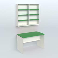 Распаковочный прямоугольный стол с антресолью для аптеки Р-02, Белый + Зеленый Оксид 9561 BS