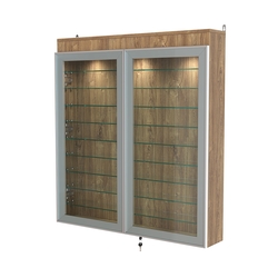 Витрина настенная №4-7А с фризом и девятью стеклянными полками серии Collecto, Дуб Канзас коричневый