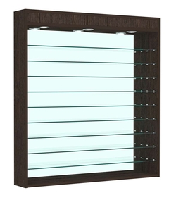 Витрина настенная №4-8Г зеркальная без дверей с фризом и девятью полками, Дуб Венге