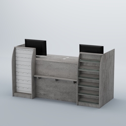 Ресепшен Атлант с фасадными наклонными полочками и экономпанелью №5, Бетон Чикаго светло-серый + Белый