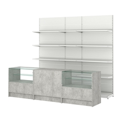 Комплект металлических стеллажей с полками и прилавков ЭК-3, Метрополитан Грей