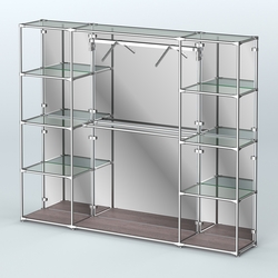 Торговая система ХРОМ (задняя стенка - зеркало) 2430 мм с прозрачными полками и поручнями №11, Ясень Анкор темный