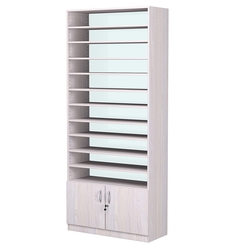 Стеллаж из ДСП с 10-ю полками 350x900 мм серии LEVEL-10 №13-1 (З/C - СТЕКЛО), Ясень Анкор светлый