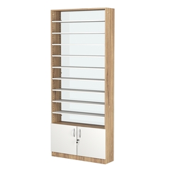 Стеллаж из ДСП с 9-ю полками 250x900 мм серии LEVEL-9 №11-1 (З/C - СТЕКЛО), Дуб Канзас коричневый + Белый