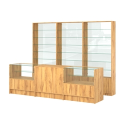 Комплект стеллажей со стеклянными полками U-6 №12-1 и прилавков ЭК-03, Дуб Золотистый