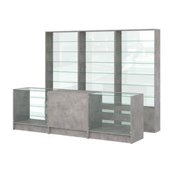 Комплект стеллажей со стеклянными полками U-6 №12-1 и прилавков ЭК-04, Бетон Чикаго светло-серый F186 ST9