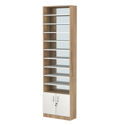 Стеллаж из ДСП с 9-ю полками 250x600 мм серии LEVEL-9 №4-2 (З/C - ЗЕРКАЛО), Дуб Канзас коричневый + Белый