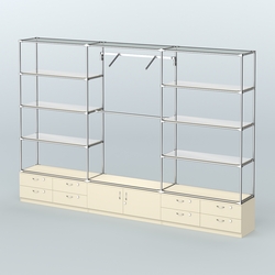 Торговая система ХРОМ без ДСП 3600 мм с тумбами Т14, Т21, зеркальными полками и поручнями №5, Крем Вайс