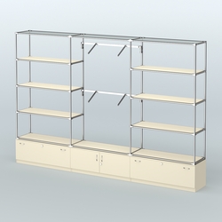 Торговая система ХРОМ без ДСП 3600 мм с тумбами Т11, Т21, полками ДСП и поручнями №4, Крем Вайс