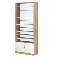 Стеллаж из ДСП с 10-ю полками 400x900 мм серии LEVEL-10 №14-1 (З/C - СТЕКЛО), Дуб Канзас коричневый + Белый