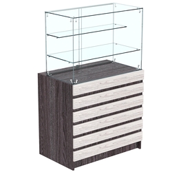 Торговый прилавок с двумя стеклянными полками и фасадными панелями №1Э-02, Ясень Анкор темный + Ясень Анкор светлый