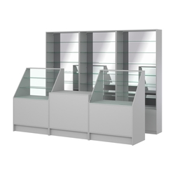 Комплект стеллажей со стеклянными полками U-6 №12-2 и прилавков ЭК-07, Серый