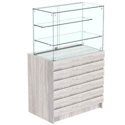 Торговый прилавок с двумя стеклянными полками и фасадными панелями №1Э-02, Ясень Анкор светлый - U31104