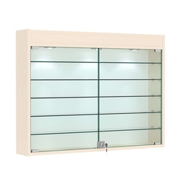 Витрина настенная №3-7А широкая с фризом и пятью стеклянными полками, Крем Вайс