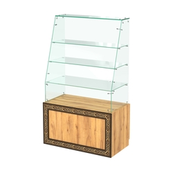 Стеклянный прилавок с декором и наклонным фасадным стеклом №СПБА-15, Дуб Золотистый