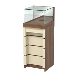 Торговый прилавок с утопленным фасадом и выдвижной зеркальной панелью №УФ-1-450, Орех + Крем Вайс