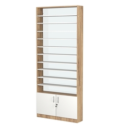 Стеллаж из ДСП с 10-ю полками 200x900 мм серии LEVEL-10 №10-1 (З/C - СТЕКЛО), Дуб Канзас коричневый + Белый